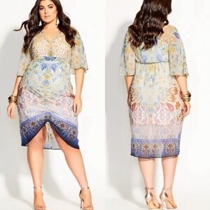 NWT City Chic Mirror Zambia Printed Shirred Knee Length Dress